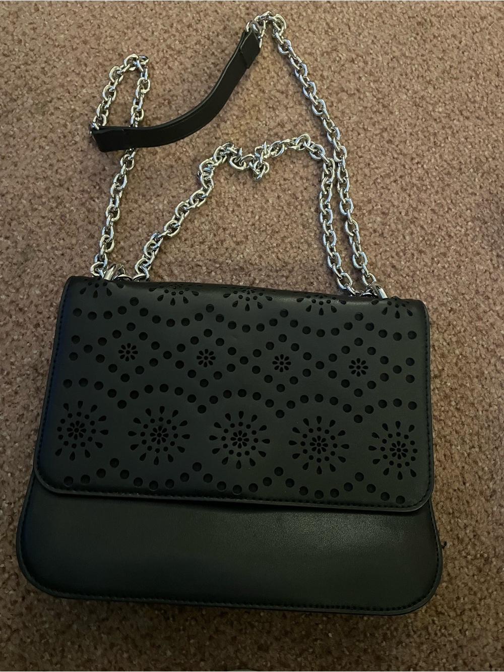 Black Laser-Cut Chain Shoulder Bag